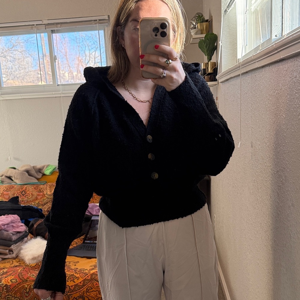 Free People Black Button-Front Hoodie Sweater - Women